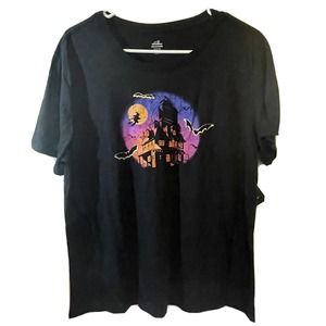 Women's Black Retro Halloween Haunted House Shirt with Glitter Gold Bats NWT